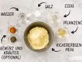 Zutaten für Kichererbsen-Pasta: Kichererbsenmehl, Wasser, Salz, Essig, Pflanzenöl und optional Gewürze/Kräuter.