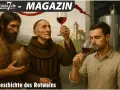 Drei Männer, von der Steinzeit bis heute, verkosten Rotwein. Die Frage "wer hat Wein erfunden" wird hier visuell beleuchtet.