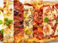 Fünf verschiedene Pizzen mit typisch italienischem Pizzabelag: Mozzarella, Sardellen, Trüffel, Tomaten und Prosciutto.
