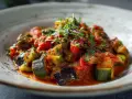 Ein Teller mit geschmorten Auberginen in Tomatensauce, garniert mit frischen Kräutern.