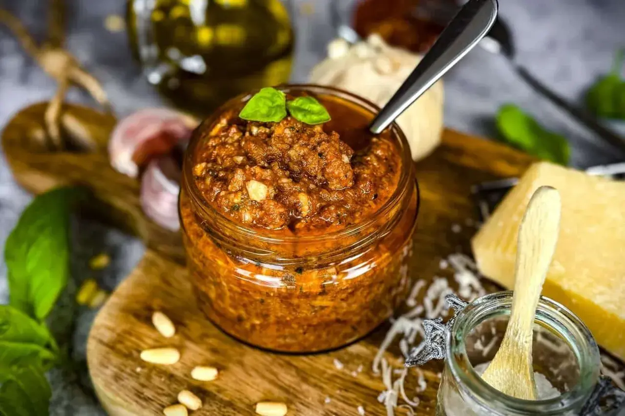 Ein Glas hausgemachtes Pesto, bereit für ein köstliches Rezept. Zutaten wie Pinienkerne, Knoblauch und Parmesan sind zu sehen.