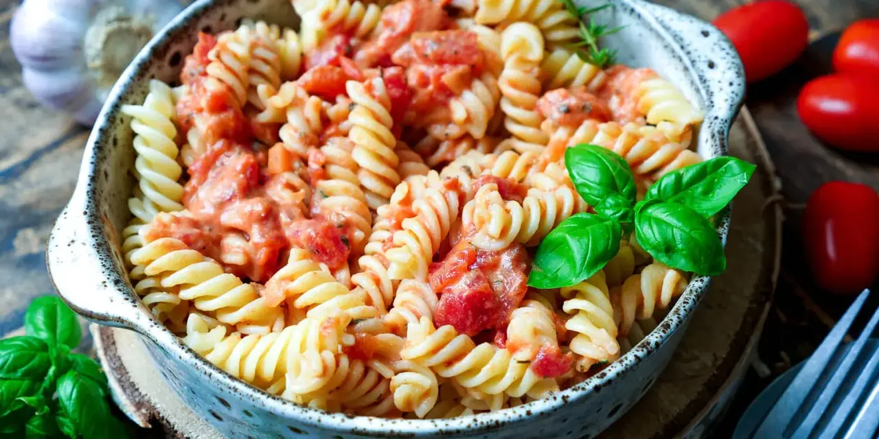 Fusilli-Nudeln in cremiger Tomaten-Sahne-Sauce, garniert mit frischem Basilikum. Daneben liegen Kirschtomaten und Knoblauch.