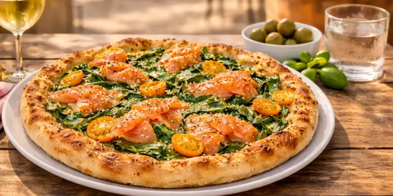 Eine köstliche Pizza mit Lachs und Spinat, garniert mit Kirschtomaten und Sesam. Perfekt für einen leichten Genuss.