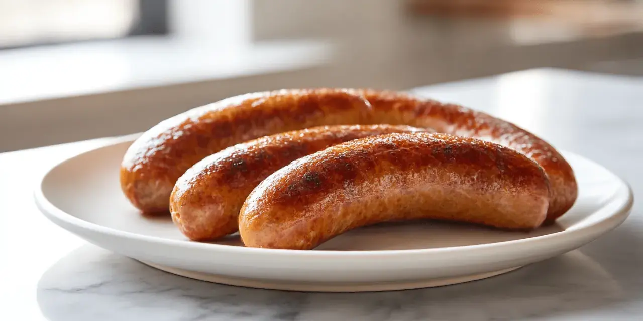 Drei gebratene Salsiccia-Würste liegen auf einem weißen Teller. Sie sind goldbraun und leicht angekohlt, was Appetit auf mehr macht.