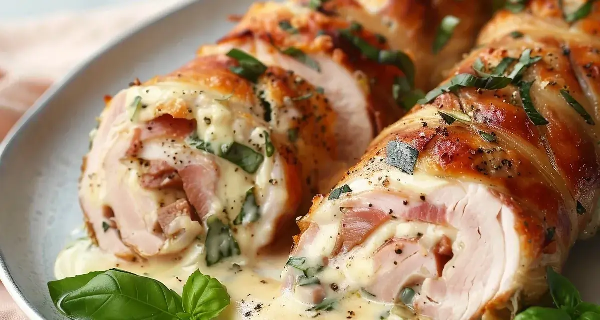 Saftige Involtini im Backofen, gefüllt mit Schinken und Käse, übergossen mit cremiger Sauce und garniert mit frischem Basilikum. Ein köstliches involtini rezept im backofen.