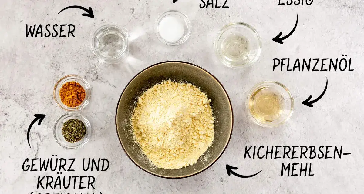 Zutaten für Kichererbsen-Pasta: Kichererbsenmehl, Wasser, Salz, Essig, Pflanzenöl und optional Gewürze/Kräuter.