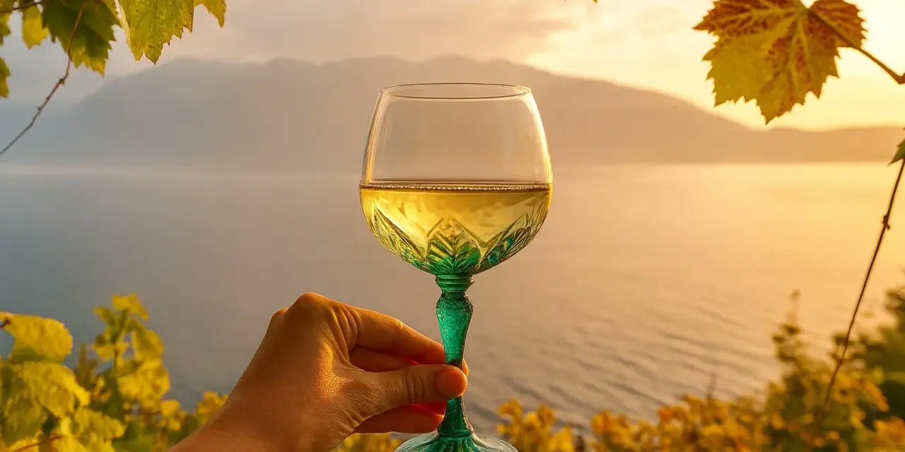 Ein Glas Lugana Wein, dessen Herkunft man schmeckt, vor malerischer Kulisse am See bei Sonnenuntergang.