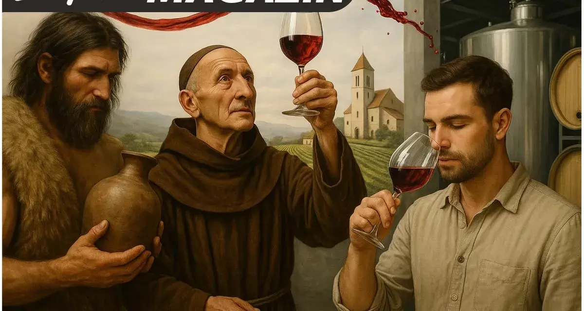 Drei Männer, von der Steinzeit bis heute, verkosten Rotwein. Die Frage "wer hat Wein erfunden" wird hier visuell beleuchtet.