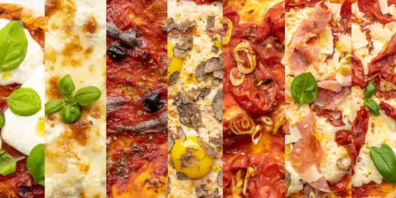 Fünf verschiedene Pizzen mit typisch italienischem Pizzabelag: Mozzarella, Sardellen, Trüffel, Tomaten und Prosciutto.