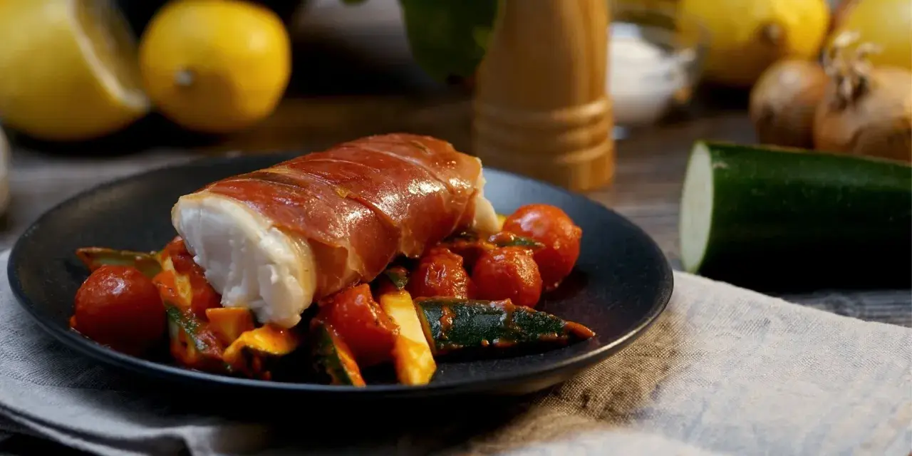Kabeljau Saltimbocca: ein zartes Fischfilet, umwickelt mit luftgetrocknetem Schinken, serviert auf einem Bett aus Kirschtomaten und Zucchini.