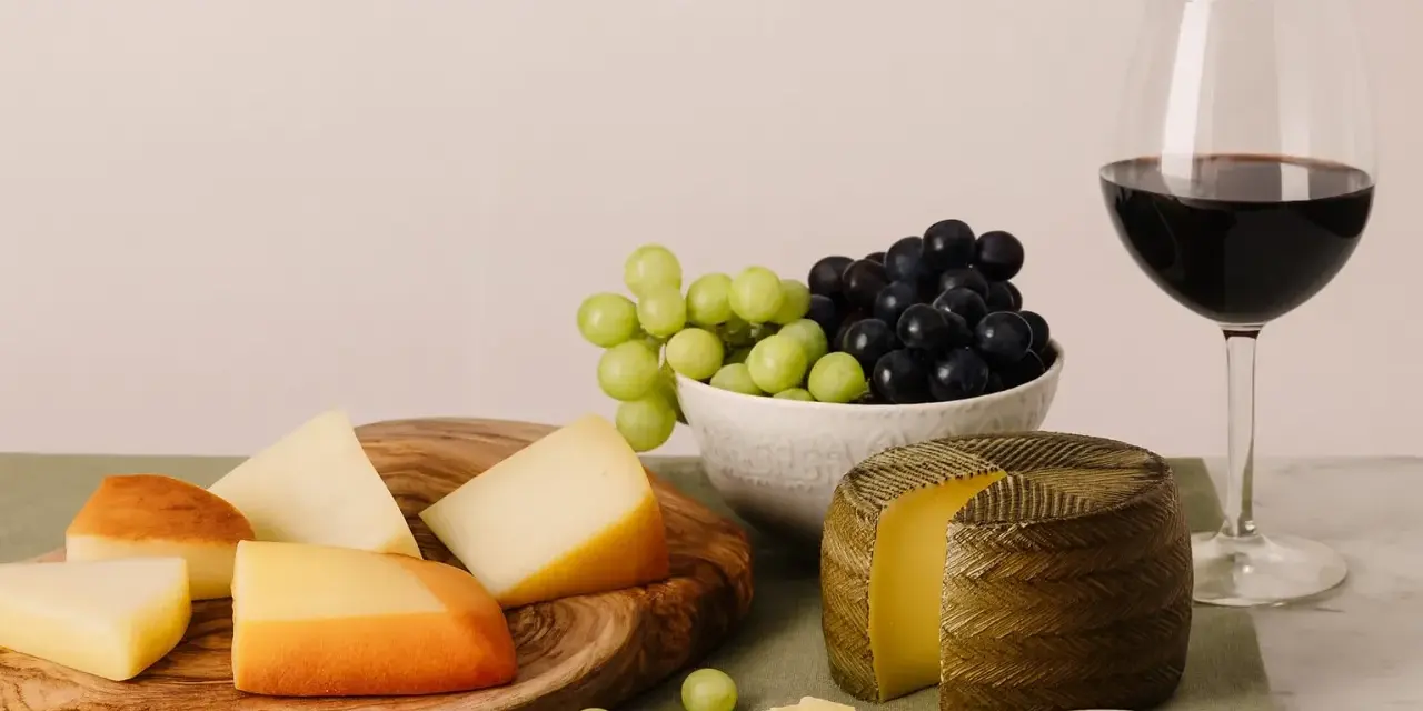 Käseplatte mit verschiedenen Käsesorten, Trauben und einem Glas Rotwein. Was bedeutet Primitivo bei Wein? Oft ein vollmundiger, fruchtiger Rotwein, der gut zu Käse passt.