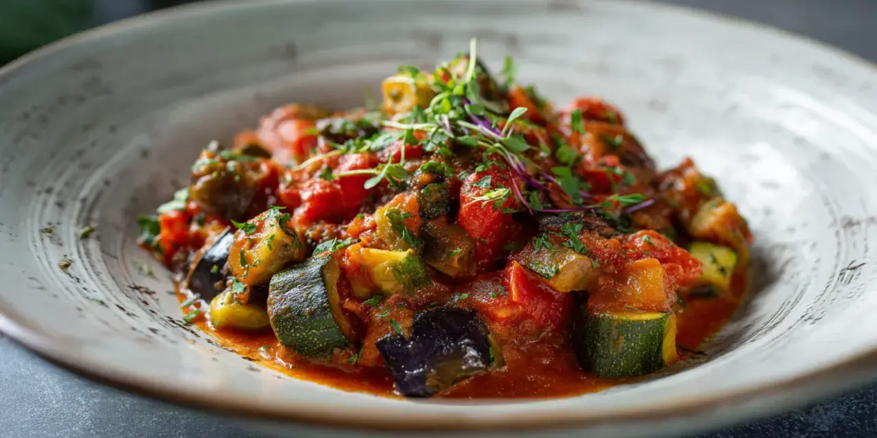 Ein Teller mit geschmorten Auberginen in Tomatensauce, garniert mit frischen Kräutern.