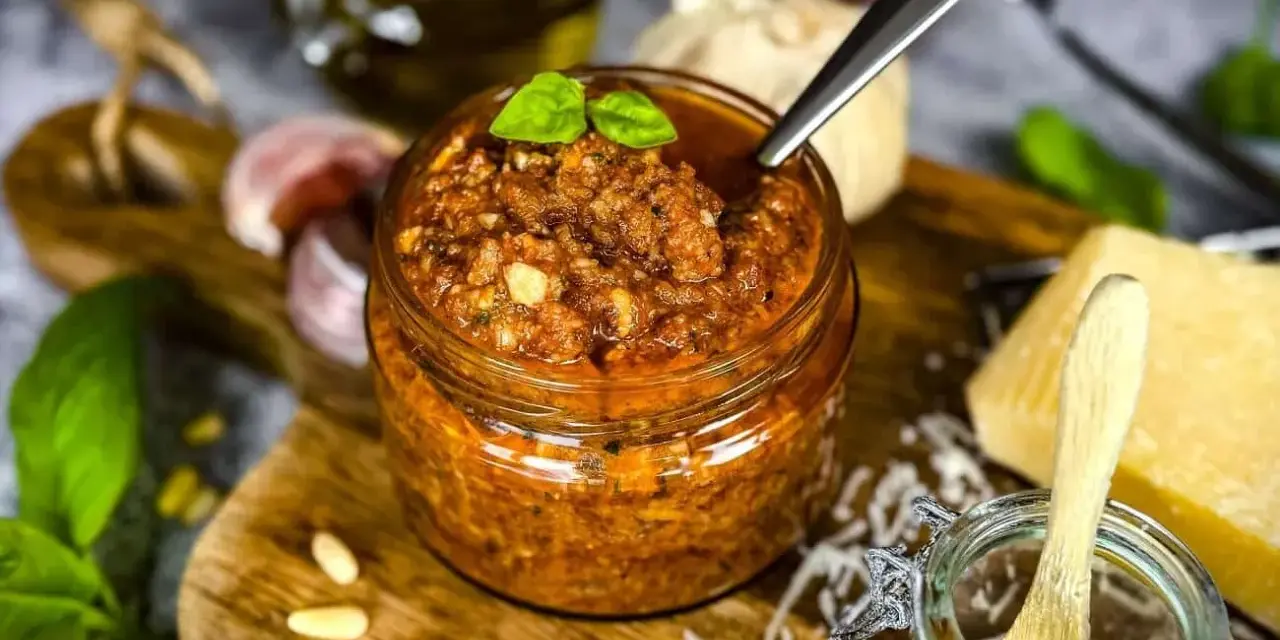 Ein Glas hausgemachtes Pesto, bereit für ein köstliches Rezept. Zutaten wie Pinienkerne, Knoblauch und Parmesan sind zu sehen.