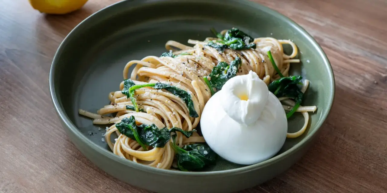Pasta mit Spinat und einer cremigen Burrata, garniert mit frisch gemahlenem Pfeffer. Ein Genuss für jeden Tag.