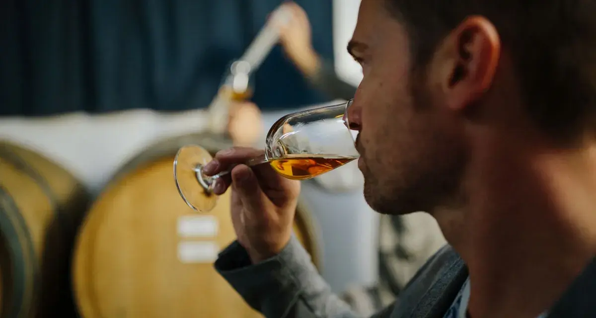 Mann verkostet bernsteinfarbenen italienischen Dessertwein in einem Glas, im Hintergrund Weinfässer.