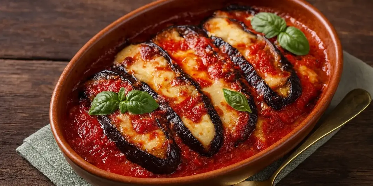 Ein köstlicher Auberginenauflauf mit geschmolzenem Mozzarella und Tomatensauce, garniert mit frischem Basilikum.