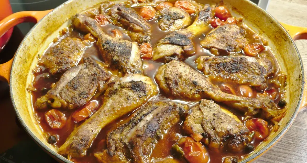 Herzhaftes Huhn in Tomatensoße, ein Klassiker der italienischen Küche. Perfekt für ein Familienessen.
