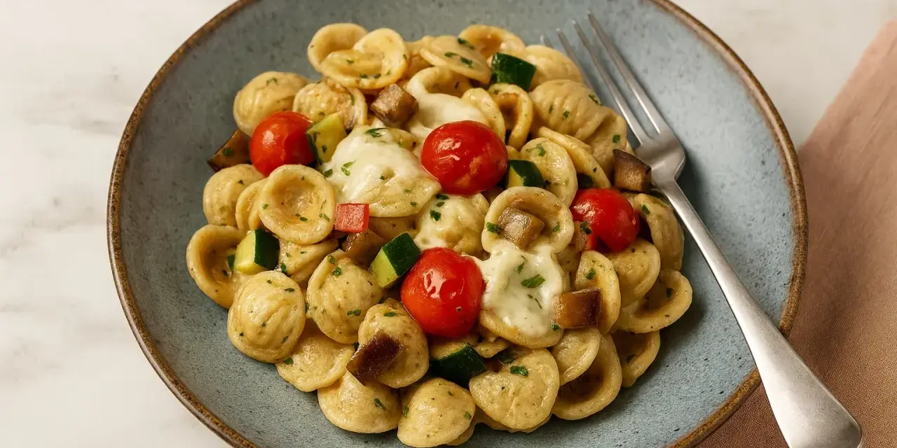 Orecchiette-Nudeln mit Kirschtomaten, Zucchini und geschmolzenem Käse. Die Aussprache von Orecchiette ist "oh-reh-KYET-teh".