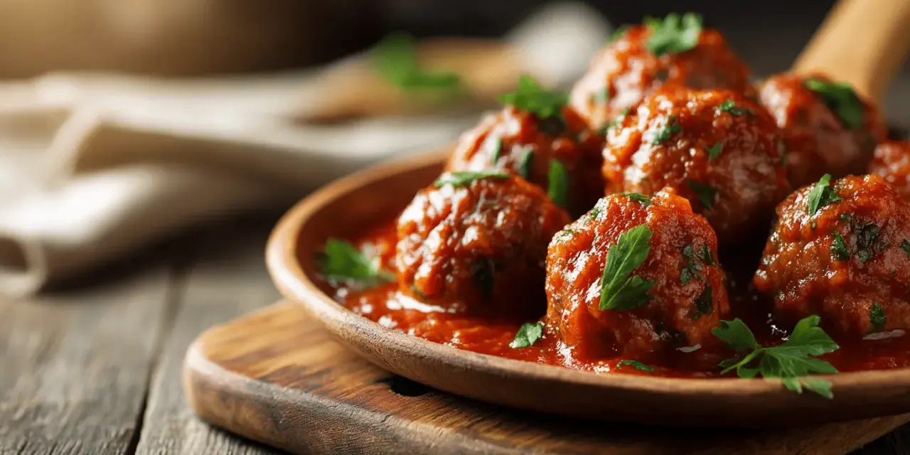 Saftige Polpette in Tomatensauce, garniert mit Petersilie. Ein köstliches polpette rezept, das zum Genießen einlädt.