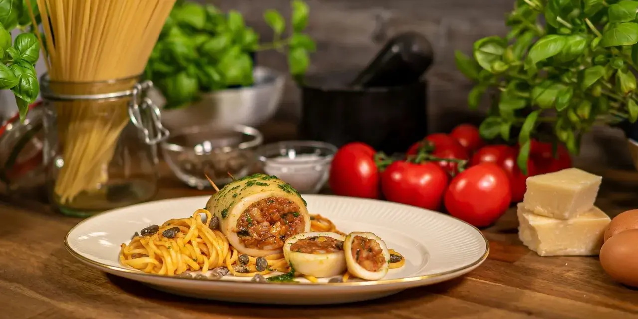 Seppie ripiene auf Pasta mit Kapern, Tomaten und Parmesan.