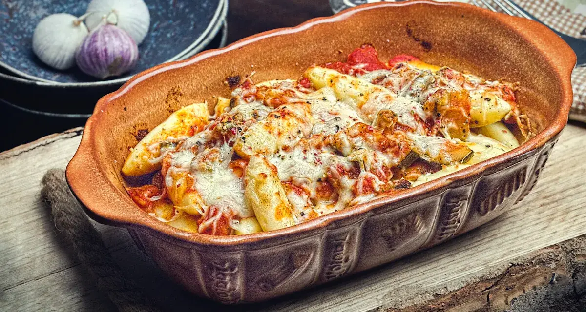 Ein köstlicher italienischer Auflauf mit geschmolzenem Käse und Tomatensauce in einer rustikalen Auflaufform.