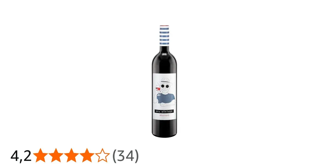 Flasche Rotwein mit dem Etikett "Opa Günther #feinherb". Der Wein hat eine Bewertung von 4,2 Sternen.