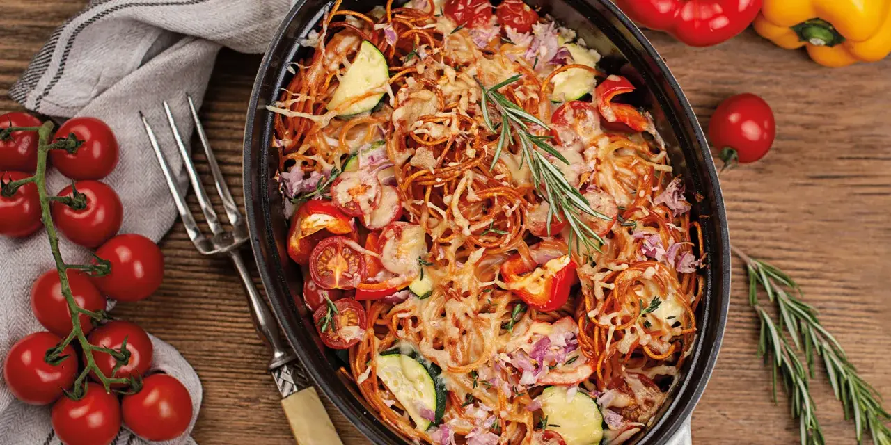 Herzhaftes Spaghetti al Forno mit Tomaten, Zucchini und Paprika, überbacken mit Käse und garniert mit Rosmarin.