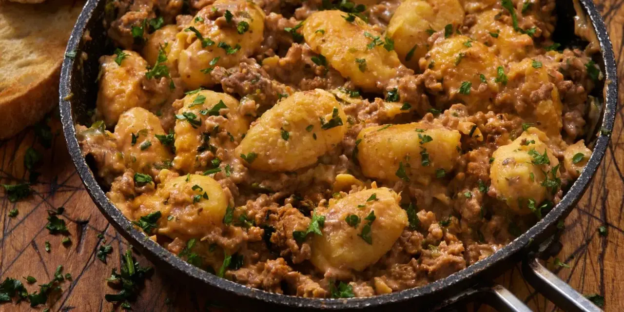 Herzhafte Gnocchi Pfanne mit Hackfleisch und Petersilie, serviert in einer Gusseisenpfanne. Dazu geröstetes Brot.