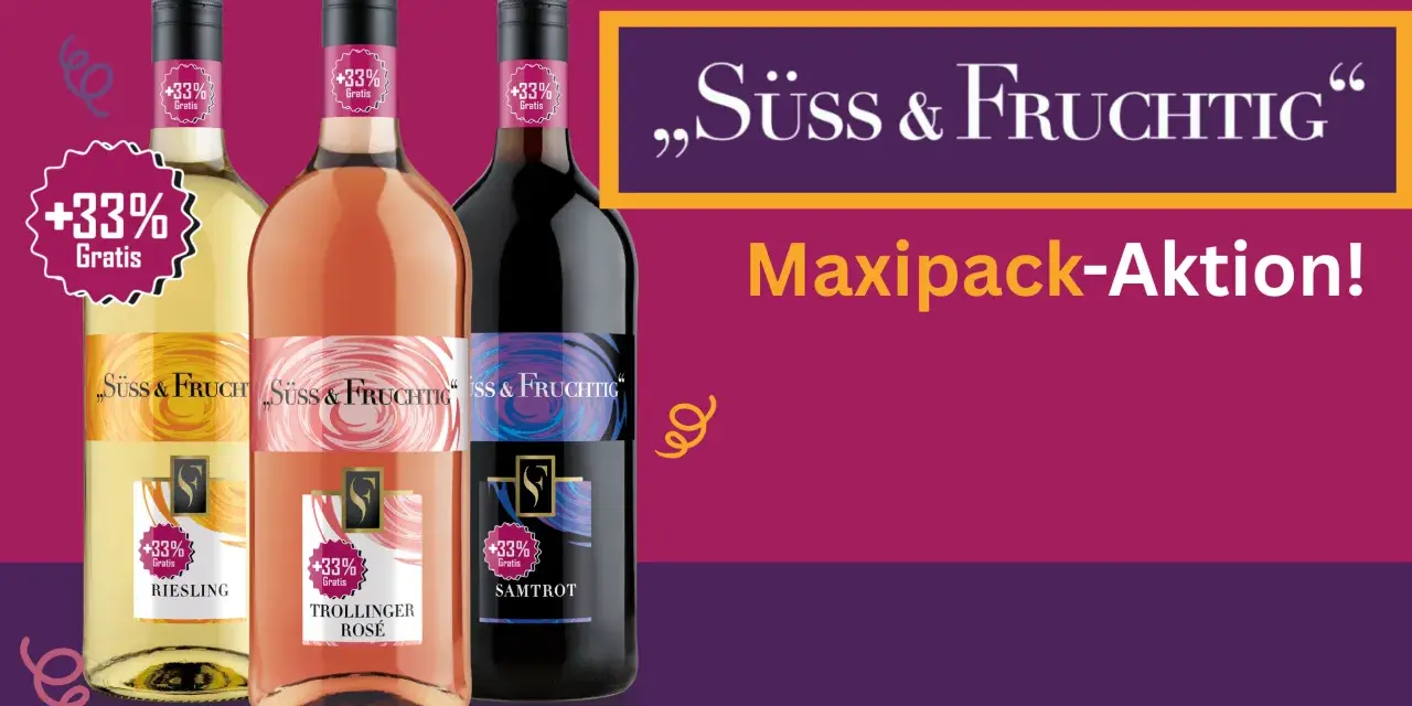 Drei Flaschen Wein: Riesling, Trollinger Rosé und Samtrot. „Süß & Fruchtig“ – Maxipack-Aktion mit +33% Gratis.
