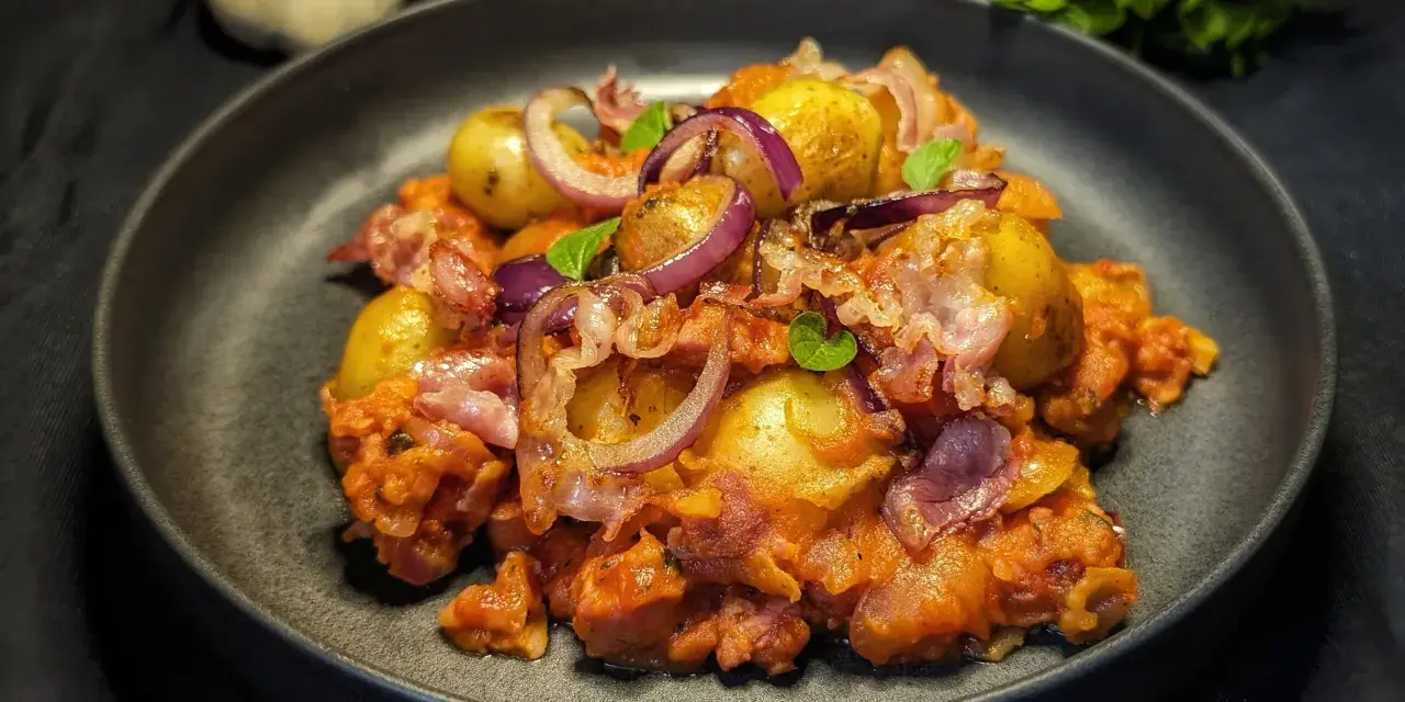 Herzhafte Salsiccia-Rezepte ohne Pasta: Kartoffeln, rote Zwiebeln und Speck in einer würzigen Tomatensauce, garniert mit frischen Kräutern.