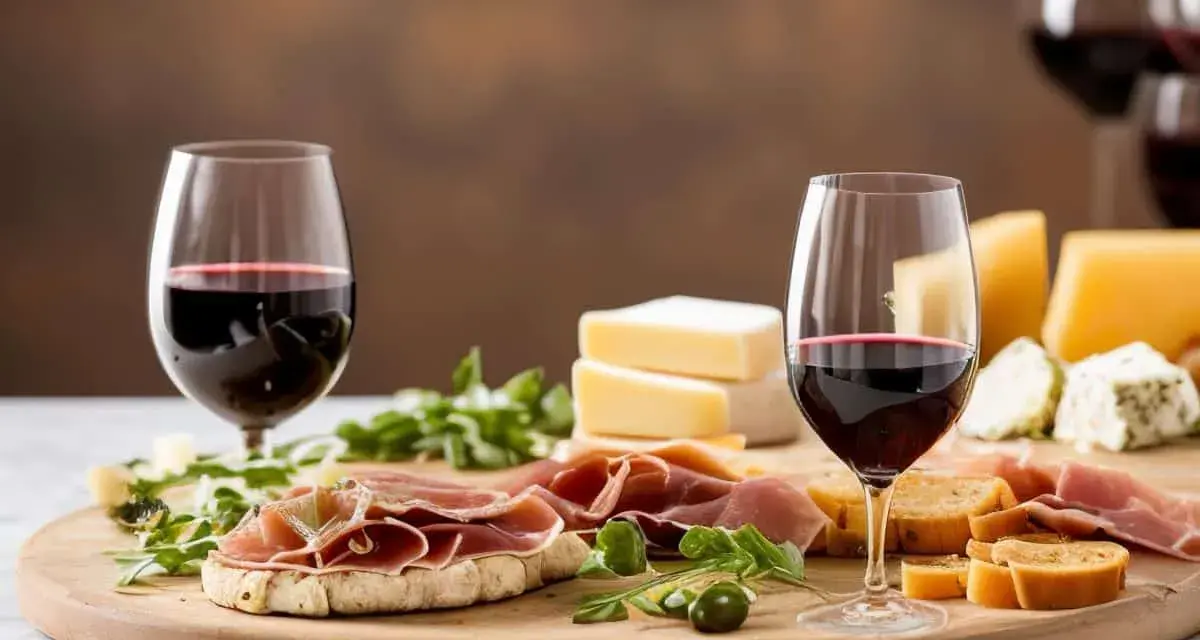 Perfekte Snacks zum Rotwein: Käse, Schinken und Brot auf einem Holzbrett, dazu zwei Gläser Rotwein.
