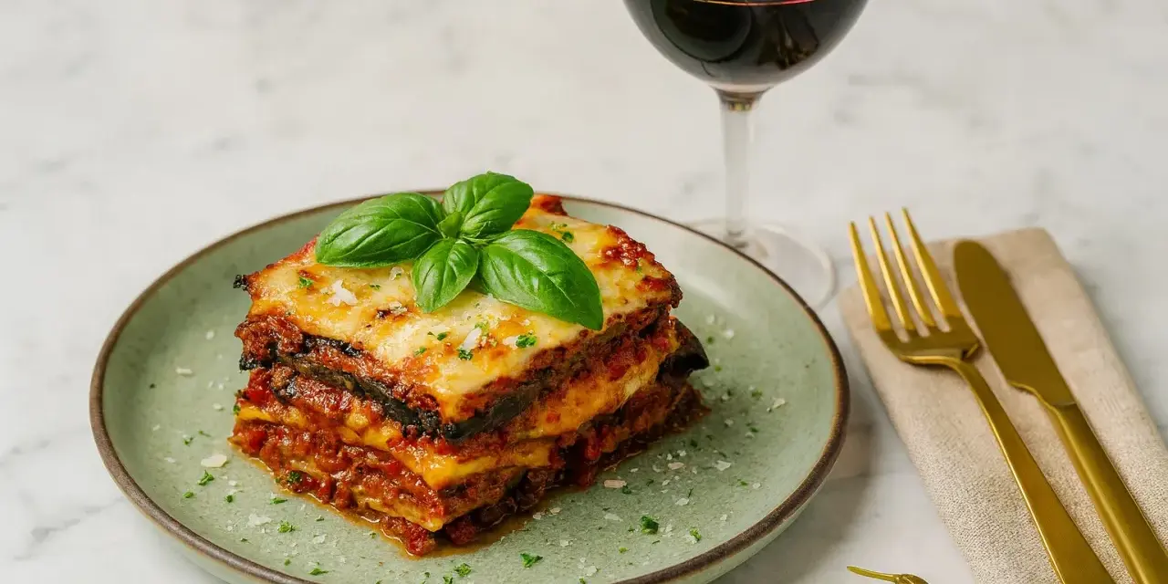 Ein köstlicher Auberginenauflauf italienisch, garniert mit Basilikum, neben einem Glas Rotwein und goldenem Besteck.