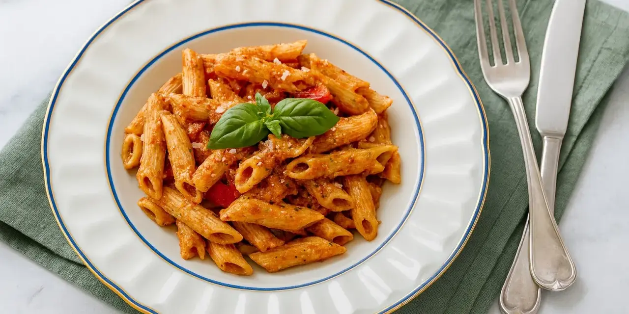 Penne mit cremigem Pesto Rosso, garniert mit Basilikum und Parmesan. Ein köstliches Gericht, das Lust auf mehr macht.