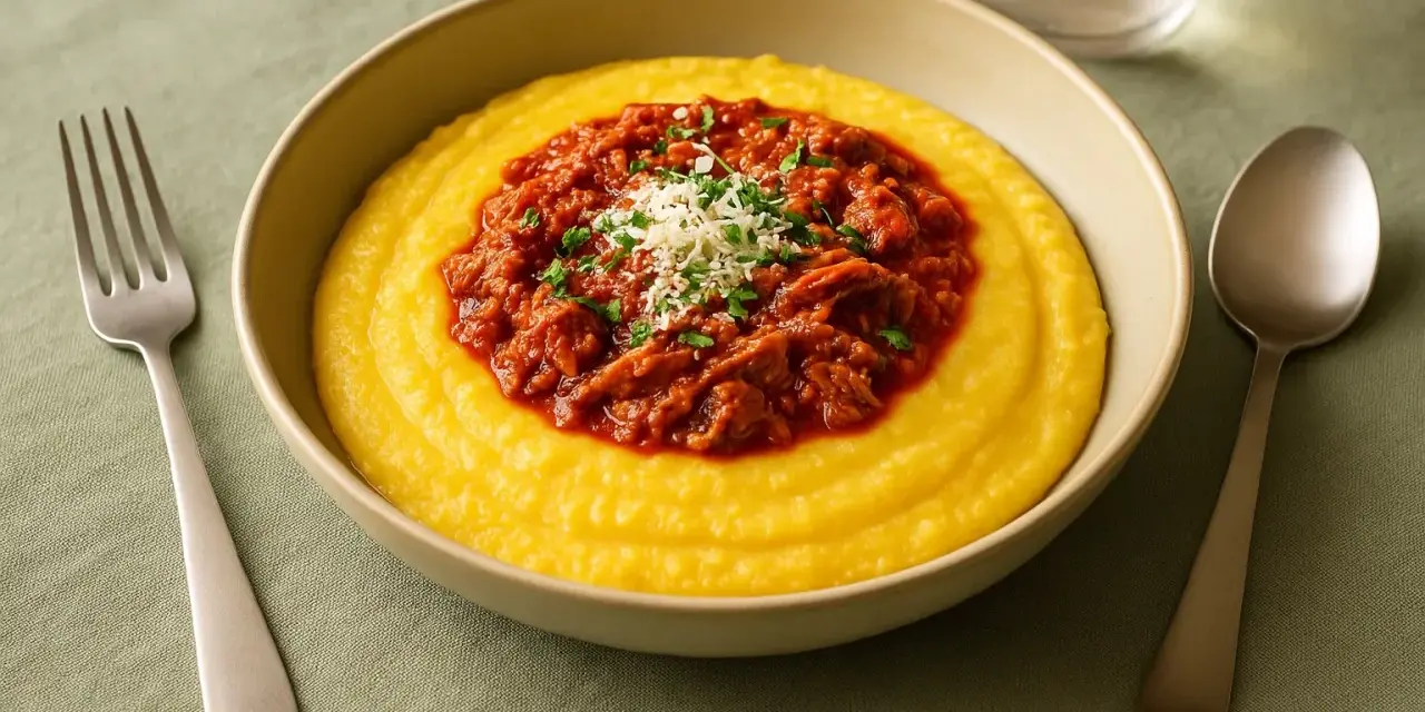 Herzhafte Polenta Taragna mit deftigem Ragout und Parmesan. Ein Genuss für jeden Gaumen.