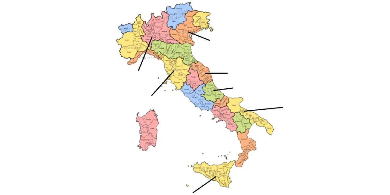 Karte Italiens mit farblich markierten Regionen, die die Vielfalt der weinanbaugebiete italien zeigt.
