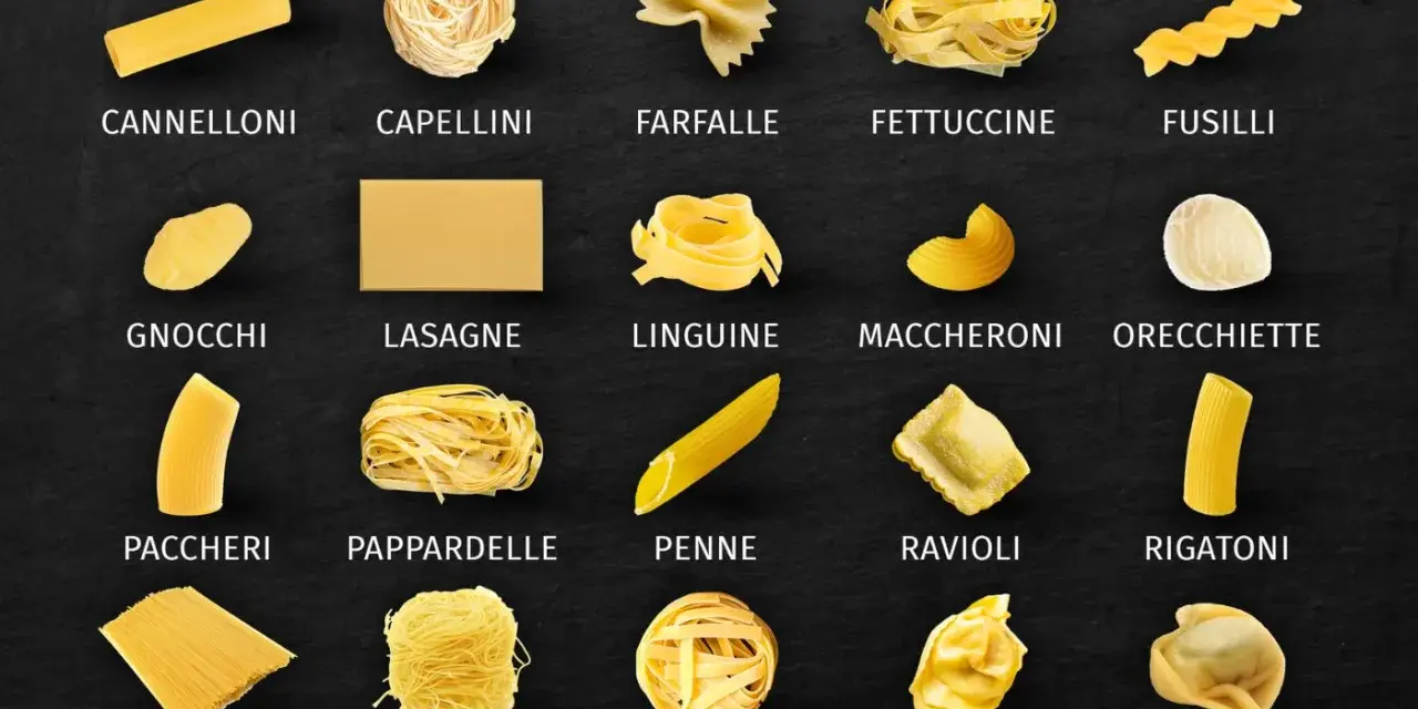 Vielfalt an nudel formen: Cannelloni, Capellini, Farfalle, Fettuccine, Fusilli, Gnocchi, Lasagne, Linguine, Maccheroni, Orecchiette, Paccheri, Pappardelle, Penne, Ravioli, Rigatoni, Spaghetti, Spaghettini, Tagliatelle, Tortellini, Tortelloni.
