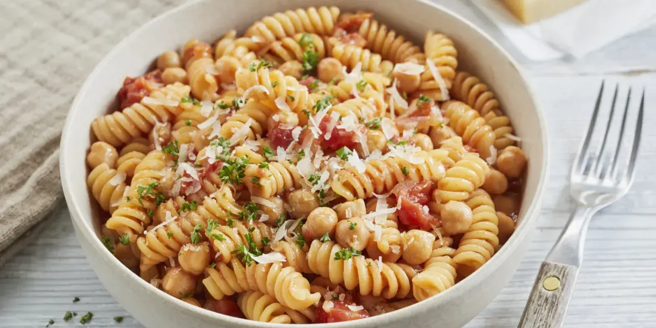 Eine Schüssel Fusilli-Nudeln mit Kichererbsen, Tomaten und Parmesan, garniert mit Petersilie.