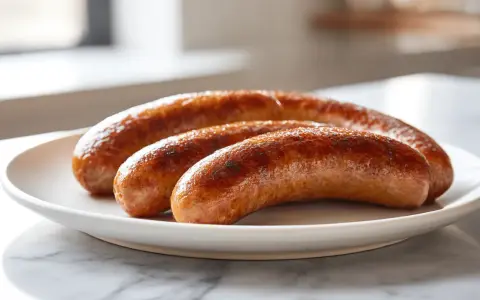 Drei gebratene Salsiccia-Würste liegen auf einem weißen Teller. Sie sind goldbraun und leicht angekohlt, was Appetit auf mehr macht.