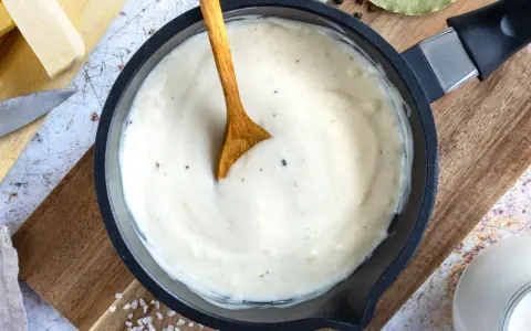 Cremige Béchamelsauce in einer Pfanne, bereit für Lasagne. Butter, Milch und Gewürze liegen daneben.