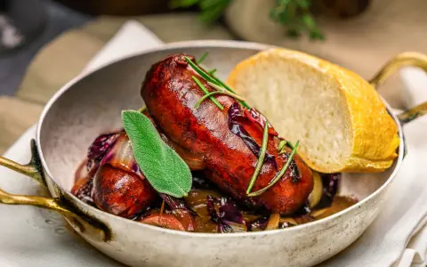 Herzhafte italienische Bratwurst Salsiccia mit Rotkohl und Brot. Ein köstliches Rezept für Salsiccia.