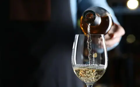 Weißwein wird in ein Glas gegossen. Die natürlichen wein zutaten sind im Glas sichtbar.