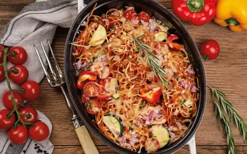 Herzhaftes Spaghetti al Forno mit Tomaten, Zucchini und Paprika, überbacken mit Käse und garniert mit Rosmarin.