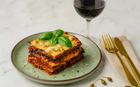 Ein köstlicher Auberginenauflauf italienisch, garniert mit Basilikum, neben einem Glas Rotwein und goldenem Besteck.