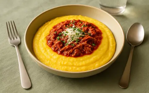 Herzhafte Polenta Taragna mit deftigem Ragout und Parmesan. Ein Genuss für jeden Gaumen.