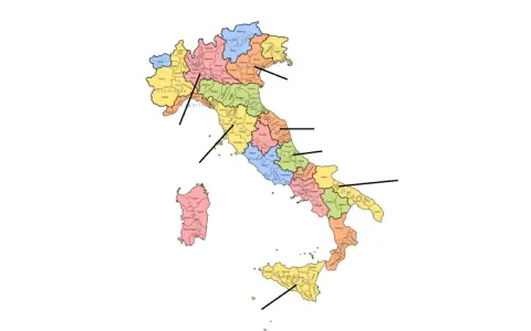 Karte Italiens mit farblich markierten Regionen, die die Vielfalt der weinanbaugebiete italien zeigt.