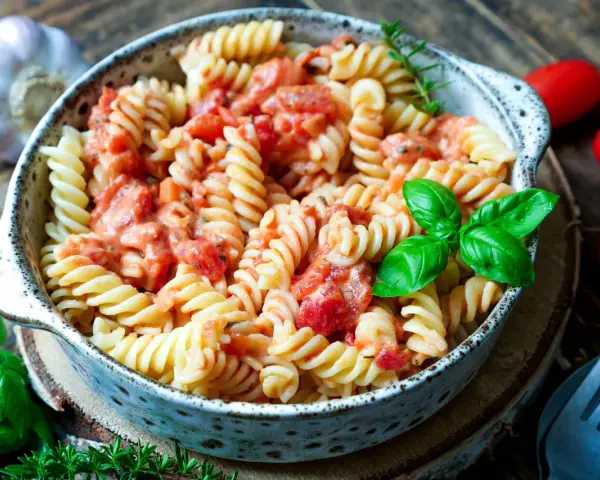 Fusilli-Nudeln in cremiger Tomaten-Sahne-Sauce, garniert mit frischem Basilikum. Daneben liegen Kirschtomaten und Knoblauch.