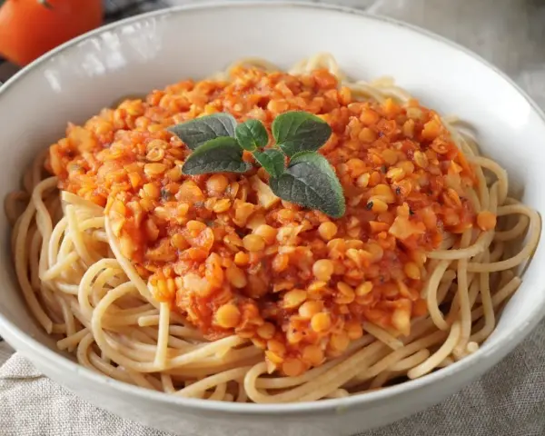 Herzhafte rote Linsen Bolognese auf Spaghetti, garniert mit frischen Kräutern. Ein köstliches und gesundes Gericht.