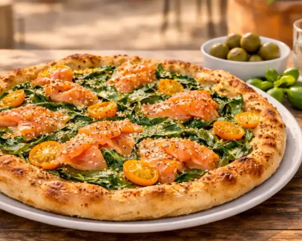 Eine köstliche Pizza mit Lachs und Spinat, garniert mit Kirschtomaten und Sesam. Perfekt für einen leichten Genuss.