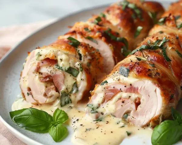 Saftige Involtini im Backofen, gefüllt mit Schinken und Käse, übergossen mit cremiger Sauce und garniert mit frischem Basilikum. Ein köstliches involtini rezept im backofen.
