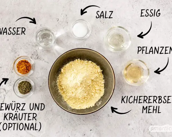 Zutaten für Kichererbsen-Pasta: Kichererbsenmehl, Wasser, Salz, Essig, Pflanzenöl und optional Gewürze/Kräuter.